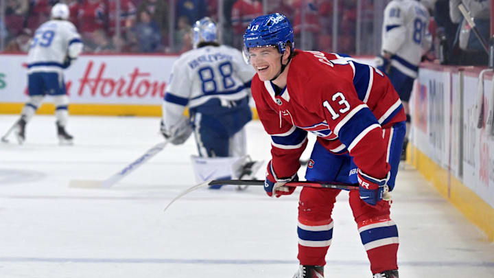 Apr 9, 2026; Montreal, Quebec, CAN; Montreal Canadiens forward Cole Caufield (13) skates during the warmup before the game against the Tampa Bay Lightning at the Bell Centre. Mandatory Credit: Eric Bolte-Imagn Images