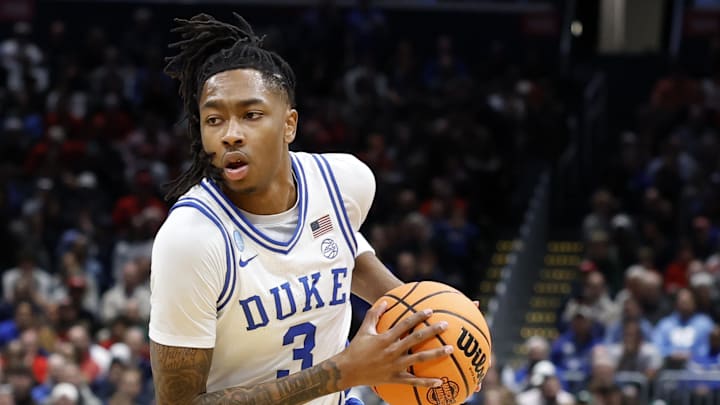 Mar 27, 2026; Washington, DC, USA; Duke Blue Devils guard Isaiah Evans (3) dribbles the ball against the St. John's Red Storm in the first half during a Sweet Sixteen game of the East Regional of the men's 2026 NCAA Tournament at Capital One Arena. Mandatory Credit: Amber Searls-Imagn Images Mar 27, 2026; Washington, DC, USA; Duke Blue Devils guard Isaiah Evans (3) dribbles the ball against the St. John's Red Storm in the first half during a Sweet Sixteen game of the East Regional of the men's 2026 NCAA Tournament at Capital One Arena. Mandatory Credit: Amber Searls-Imagn Images