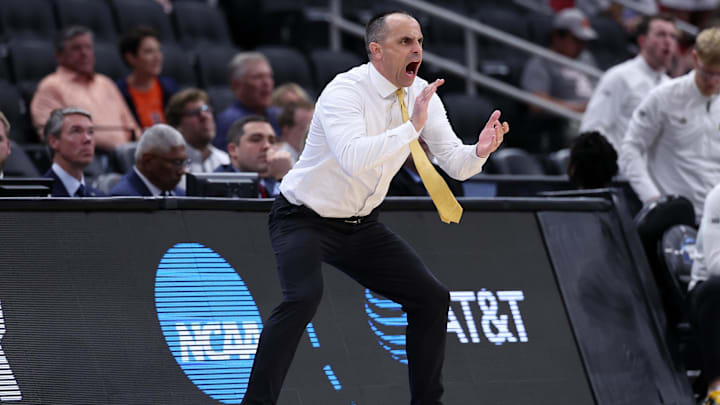 Mar 26, 2026; Houston, TX, USA; Iowa Hawkeyes head coach Ben McCollum reacts in the first half during a Sweet Sixteen game of the South Regional of the men's 2026 NCAA Tournament at Toyota Center. Mandatory Credit: Troy Taormina-Imagn Images