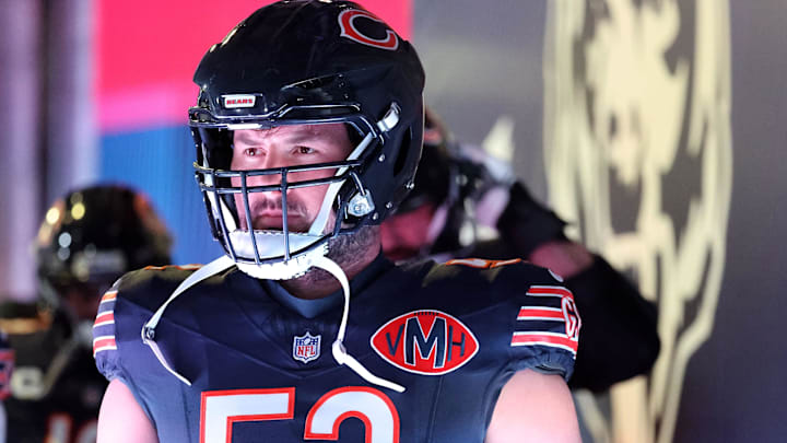 Dec 20, 2025; Chicago, Illinois, USA; Chicago Bears center Drew Dalman (52) takes the field before the game against the Green Bay Packers at Soldier Field. Dec 20, 2025; Chicago, Illinois, USA; Chicago Bears center Drew Dalman (52) takes the field before the game against the Green Bay Packers at Soldier Field.