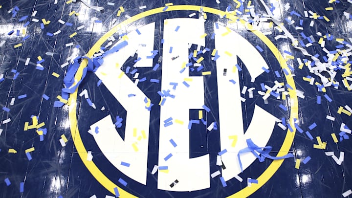 Mar 11, 2018; St. Louis, MO, USA; A detailed view of the SEC logo on the court after the Kentucky Wildcats defeat the Tennessee Volunteers in the SEC Conference Tournament Championship game at Scottrade Center. Kentucky won 77-72. Mandatory Credit: Billy Hurst-Imagn Images Mar 11, 2018; St. Louis, MO, USA; A detailed view of the SEC logo on the court after the Kentucky Wildcats defeat the Tennessee Volunteers in the SEC Conference Tournament Championship game at Scottrade Center. Kentucky won 77-72. Mandatory Credit: Billy Hurst-Imagn Images