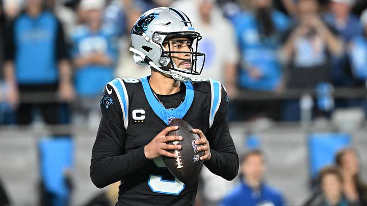 Jan 10, 2026; Charlotte, NC, USA; Carolina Panthers quarterback Bryce Young (9) drops back to pass against the Los Angeles Rams in the first half during the NFC Wild Card Round game at Bank of America Stadium. Mandatory Credit: Bob Donnan-Imagn Images