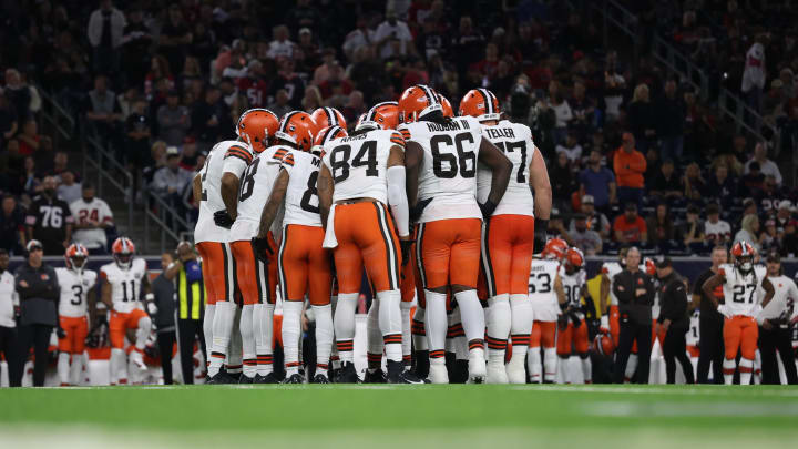 Jan 13, 2024; Houston, Texas, USA;The Cleveland Browns huddle against the Houston Texans in a 2024 AFC wild card game at NRG Stadium. Mandatory Credit: Thomas Shea-USA TODAY Sports