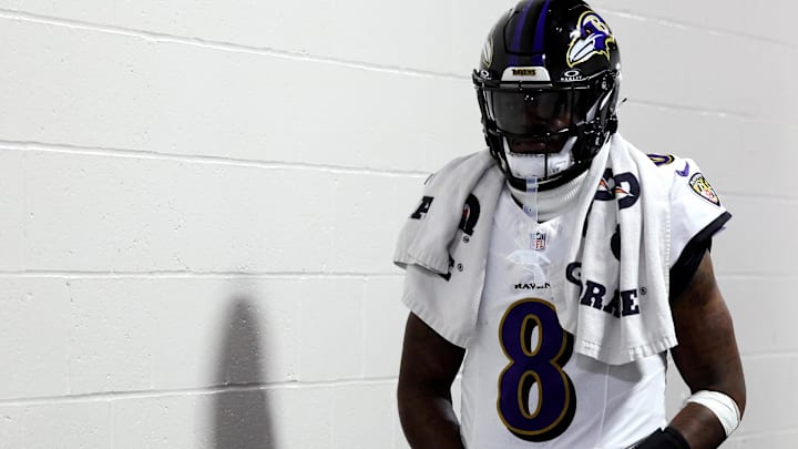 Jan 4, 2026; Pittsburgh, Pennsylvania, USA;  Baltimore Ravens quarterback Lamar Jackson (8) walks to the field to play the Pittsburgh Steelers at Acrisure Stadium. Mandatory Credit: Charles LeClaire-Imagn Images