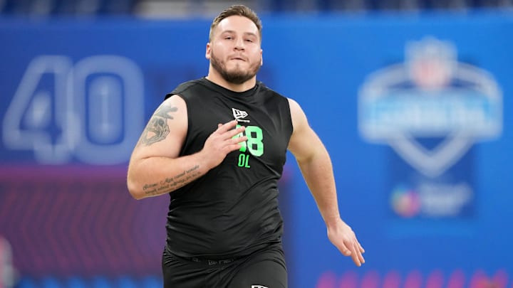 Mar 1, 2026; Indianapolis, IN, USA; Iowa offensive lineman Beau Stephens (OL48) during the NFL Scouting Combine at Lucas Oil Stadium. Mandatory Credit: Kirby Lee-Imagn Images