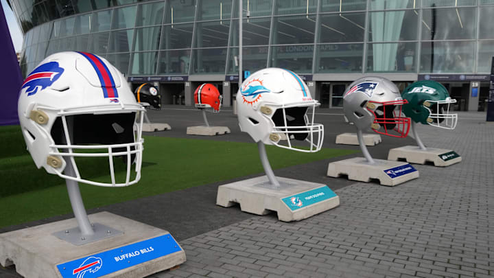 Oct 13, 2024; London, United Kingdom; Large helmets of the Buffalo Bills, Miami Dolphins, New England Patriots and New York Jets before an NFL International Series game at Tottenham Hotspur Stadium. Mandatory Credit: Kirby Lee-Imagn Images Oct 13, 2024; London, United Kingdom; Large helmets of the Buffalo Bills, Miami Dolphins, New England Patriots and New York Jets before an NFL International Series game at Tottenham Hotspur Stadium. Mandatory Credit: Kirby Lee-Imagn Images