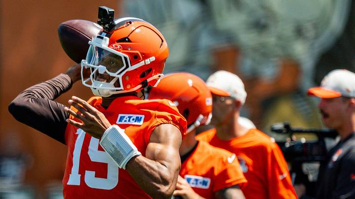 Cleveland Browns quarterback Taylen Green (15) works through drills during the second day of training camp, July 30, 2026, in Berea, Ohio.