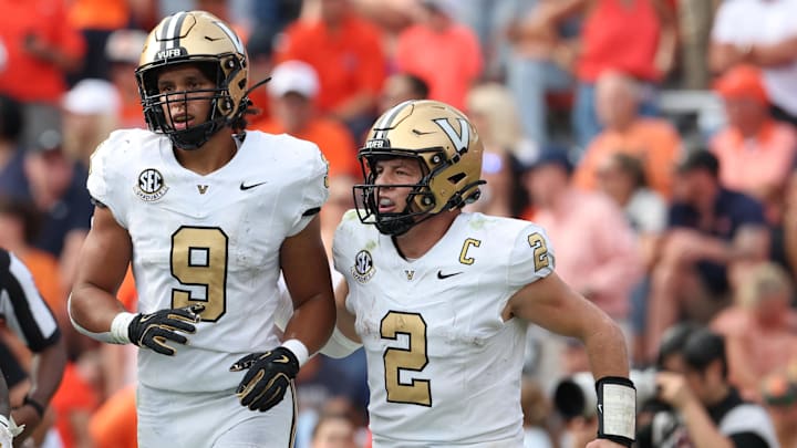 Vanderbilt Commodores quarterback Diego Pavia (2) celebrates with tight end Eli Stowers (9) after a touchdown during the fourth quarter against the Auburn Tigers at Jordan-Hare Stadium.