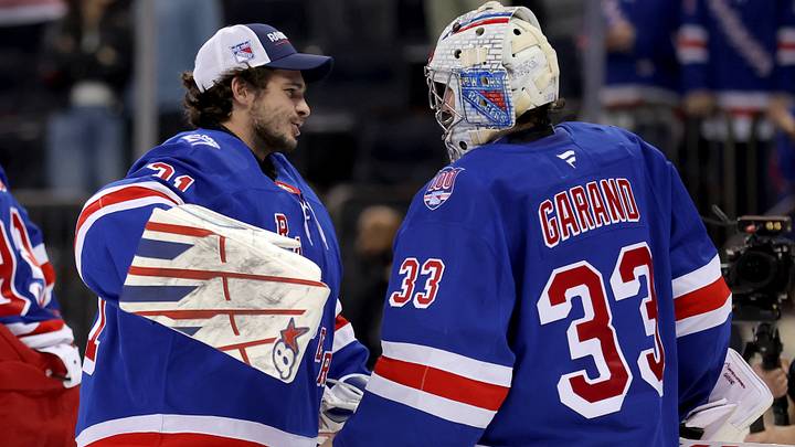 Mar 27, 2026; New York, New York, USA; New York Rangers goaltender Dylan Garand (33) is congratulated by goaltender Igor Shesterkin (31) after his first career NHL win against the Chicago Blackhawks at Madison Square Garden. Mandatory Credit: Brad Penner-Imagn Images Mar 27, 2026; New York, New York, USA; New York Rangers goaltender Dylan Garand (33) is congratulated by goaltender Igor Shesterkin (31) after his first career NHL win against the Chicago Blackhawks at Madison Square Garden. Mandatory Credit: Brad Penner-Imagn Images