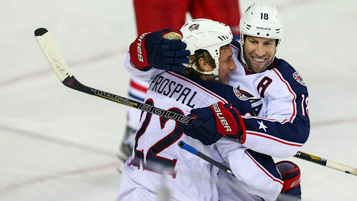 Mar 29, 2013; Calgary, Alberta, CAN; Columbus Blue Jackets center R.J. Umberger (18) and left wing Vinny Prospal (22) celebrate goal against the Calgary Flames during the second period at the Scotiabank Saddledome. Columbus Blue Jackets won 6-4. Mandatory Credit: Sergei Belski-Imagn Images
Mar 29, 2013; Calgary, Alberta, CAN; Columbus Blue Jackets center R.J. Umberger (18) and left wing Vinny Prospal (22) celebrate goal against the Calgary Flames during the second period at the Scotiabank Saddledome. Columbus Blue Jackets won 6-4. Mandatory Credit: Sergei Belski-Imagn Images