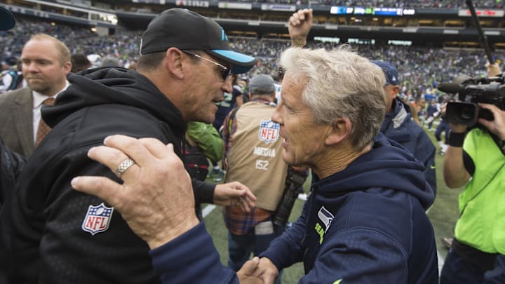 Pete Carroll and Ron Rivera meet after a Seahawks-Panthers game. They're among best remaining Bears leader of men types. Pete Carroll and Ron Rivera meet after a Seahawks-Panthers game. They're among best remaining Bears leader of men types.