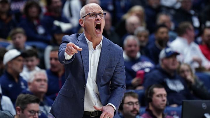 Dec 5, 2025; Storrs, Connecticut, USA; UConn Huskies head coach Dan Hurley watches from the sideline as they take on East Texas A&M at Harry A. Gampel Pavilion. Mandatory Credit: David Butler II-Imagn Images
