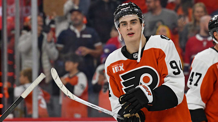 Apr 14, 2026; Philadelphia, Pennsylvania, USA; Philadelphia Flyers right wing Porter Martone (94) celebrates win against the Montréal Canadiens at Xfinity Mobile Arena. Mandatory Credit: Eric Hartline-Imagn Images