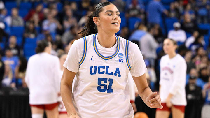UCLA Bruins center Lauren Betts (51) during pregame warmups before an NCAA Tournament second round game against the Richmond Spiders at Pauley Pavilion presented by Wescom. UCLA Bruins center Lauren Betts (51) during pregame warmups before an NCAA Tournament second round game against the Richmond Spiders at Pauley Pavilion presented by Wescom.