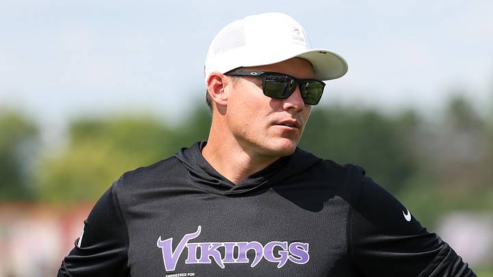 Jul 29, 2025; Eagan, MN, USA; Minnesota Vikings head coach Kevin O'Connell looks on during the teams training camp at the Minnesota Vikings Training Facility. Mandatory Credit: Matt Krohn-Imagn Images