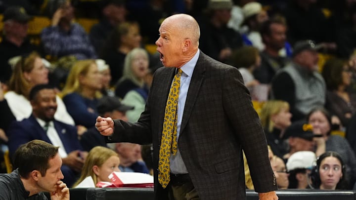 Feb 21, 2026; Boulder, Colorado, USA; Colorado Buffaloes head coach Tad Boyle reacts in the second half against the Oklahoma State Cowboys at the CU Events Center. Mandatory Credit: Ron Chenoy-Imagn Images Feb 21, 2026; Boulder, Colorado, USA; Colorado Buffaloes head coach Tad Boyle reacts in the second half against the Oklahoma State Cowboys at the CU Events Center. Mandatory Credit: Ron Chenoy-Imagn Images