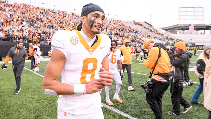 Tennessee Volunteers quarterback Nico Iamaleava (8) walks off the field after the win against the Vanderbilt Commodores during the second half at FirstBank Stadium. Tennessee Volunteers quarterback Nico Iamaleava (8) walks off the field after the win against the Vanderbilt Commodores during the second half at FirstBank Stadium.