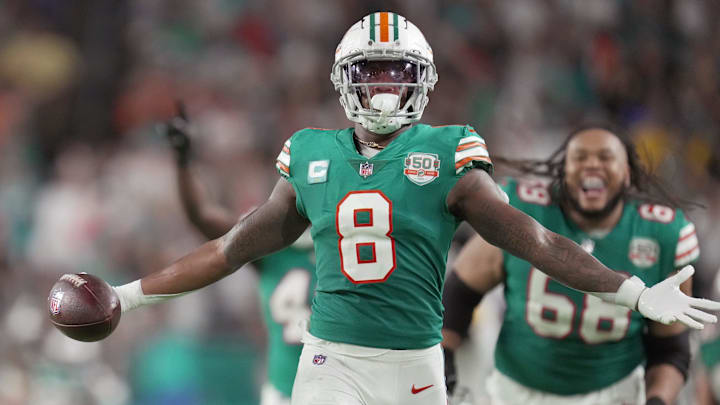 Miami Dolphins safety Jevon Holland (8) celebrates an interception late in the game against the Pittsburgh Steelers at Hard Rock Stadium in Miami Gardens, Oct. 23, 2022.

Jevonholland