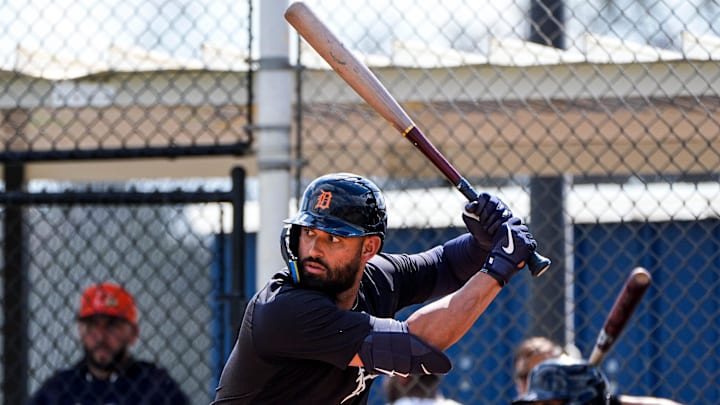 Detroit Tigers outfielder Riley Greene bats at live batting practice during spring training Detroit Tigers outfielder Riley Greene bats at live batting practice during spring training