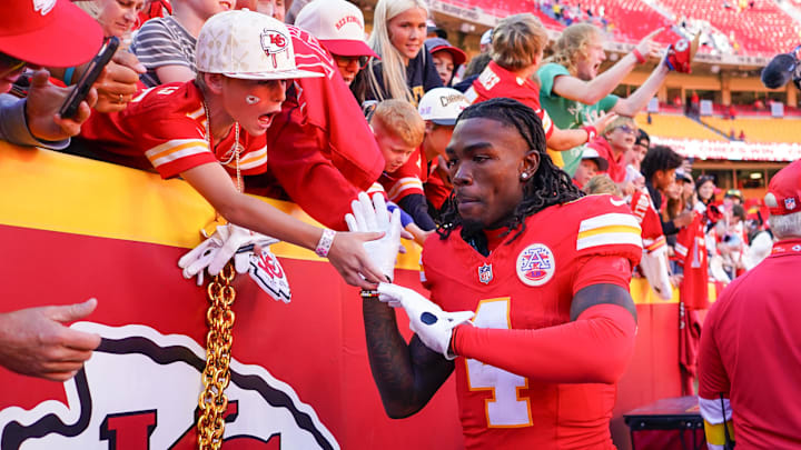 Oct 19, 2025; Kansas City, Missouri, USA; Kansas City Chiefs wide receiver Rashee Rice (4) greets fans as he leaves the field after the game against the Las Vegas Raiders at GEHA Field at Arrowhead Stadium. Mandatory Credit: Denny Medley-Imagn Images