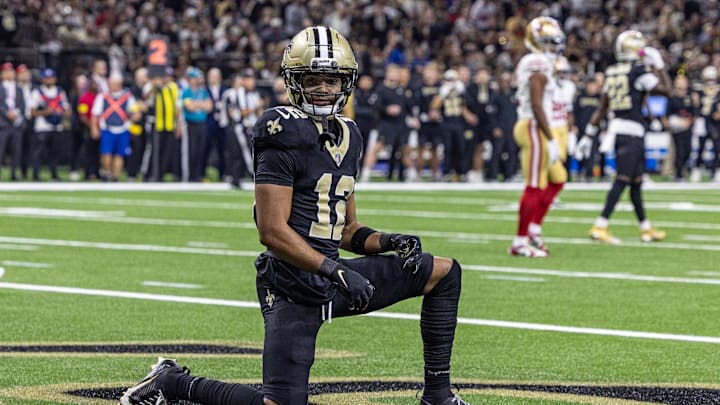 Sep 14, 2025; New Orleans, Louisiana, USA; New Orleans Saints wide receiver Chris Olave (12) reacts to dropping a pass in the end zone against the San Francisco 49ers during the first half at Caesars Superdome. Mandatory Credit: Stephen Lew-Imagn Images Sep 14, 2025; New Orleans, Louisiana, USA; New Orleans Saints wide receiver Chris Olave (12) reacts to dropping a pass in the end zone against the San Francisco 49ers during the first half at Caesars Superdome. Mandatory Credit: Stephen Lew-Imagn Images