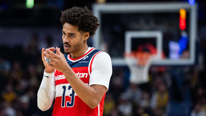 Apr 8, 2025; Indianapolis, Indiana, USA; Washington Wizards guard Jordan Poole (13) in the first half against the Indiana Pacers at Gainbridge Fieldhouse. Mandatory Credit: Trevor Ruszkowski-Imagn Images Apr 8, 2025; Indianapolis, Indiana, USA; Washington Wizards guard Jordan Poole (13) in the first half against the Indiana Pacers at Gainbridge Fieldhouse. Mandatory Credit: Trevor Ruszkowski-Imagn Images