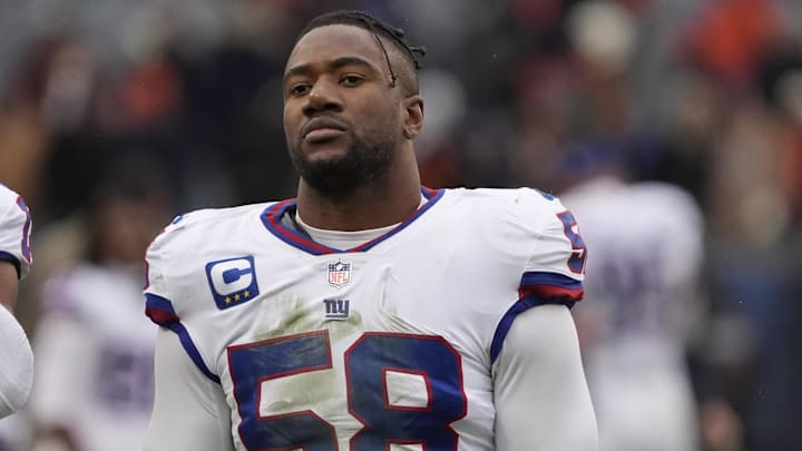 New York Giants linebacker Bobby Okereke (58) leaves the field after losing to the Chicago Bears at Soldier Field.
