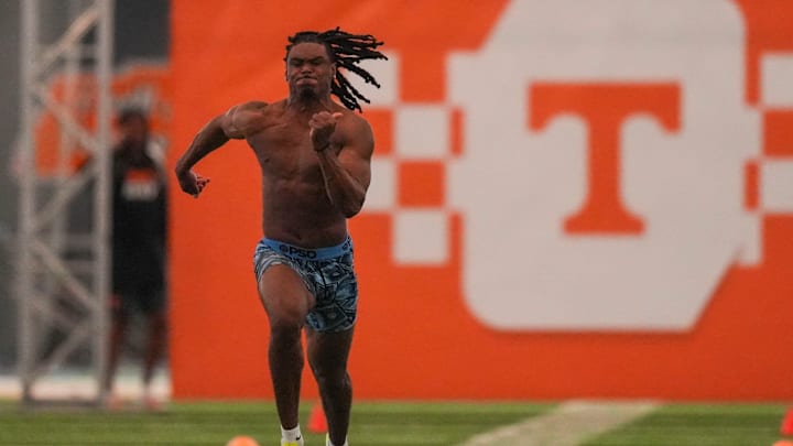 Jermod McCoy runs during Tennessee Football Pro Day 2026, at University of Tennessee on March 31, 2026.