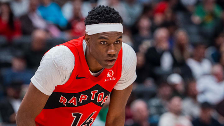 Oct 6, 2025; Vancouver, British Columbia, CAN; Toronto Raptors guard Ja’Kobe Walter (14) during a stop in play against the Denver Nuggets in the second half at Rogers Arena. Mandatory Credit: Bob Frid-Imagn Images