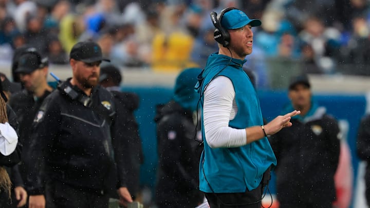 Jacksonville Jaguars head coach Liam Coen coaches during the third quarter of an NFL football game at EverBank Stadium, Sunday, Dec. 7, 2025, in Jacksonville, Fla. The Jaguars defeated the Colts 36-19. [Corey Perrine/Florida Times-Union]