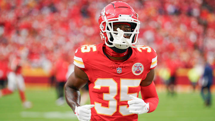 Sep 5, 2024; Kansas City, Missouri, USA; Kansas City Chiefs cornerback Jaylen Watson (35) runs on field against the Baltimore Ravens prior to a game at GEHA Field at Arrowhead Stadium. Mandatory Credit: Denny Medley-Imagn Images