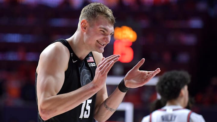 Feb 15, 2025; Champaign, Illinois, USA;  Michigan State Spartans center Carson Cooper (15) reacts after a win over the Illinois Fighting Illini at State Farm Center. Mandatory Credit: Ron Johnson-Imagn Images