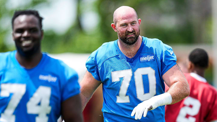Detroit Lions offensive tackle Dan Skipper (70) practices during OTA at Meijer Performance Center in Allen Park on Friday, May 30, 2025.