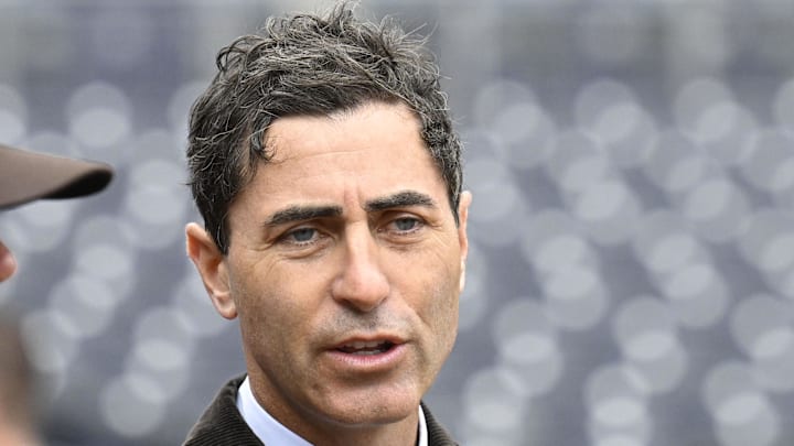 Mar 27, 2025; San Diego, California, USA; San Diego Padres general manager A.J. Preller looks on before an Opening Day baseball game between the San Diego Padres and the Atlanta Braves at Petco Park. Mandatory Credit: Denis Poroy-Imagn Images
