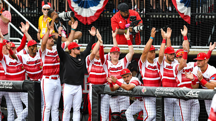 Louisville baseball players vs. Miami in game two of the 2025 Louisville Super Regional. Louisville baseball players vs. Miami in game two of the 2025 Louisville Super Regional.