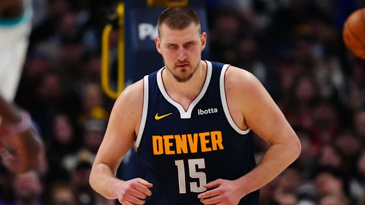 Feb 20, 2025; Denver, Colorado, USA; Denver Nuggets center Nikola Jokic (15) during the second half against the Charlotte Hornets at Ball Arena. Mandatory Credit: Ron Chenoy-Imagn Images