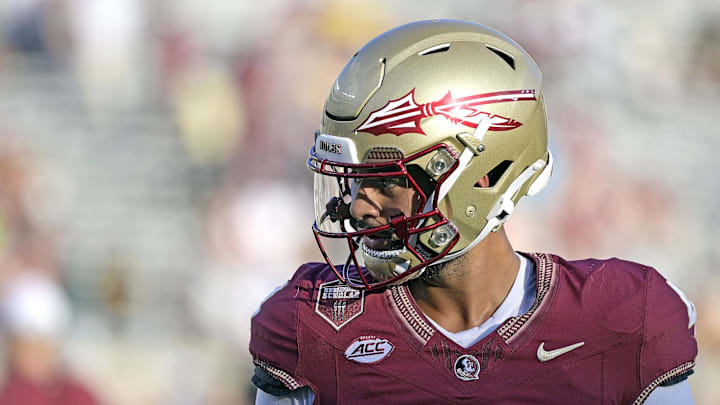 Sep 2, 2024; Tallahassee, Florida, USA; Florida State Seminoles quarterback DJ Uiagalelei (4) before the game against the Boston College Eagles at Doak S. Campbell Stadium.