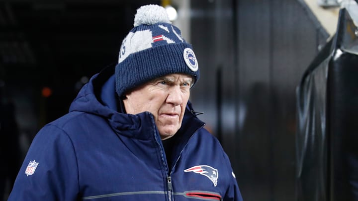 Dec 7, 2023; Pittsburgh, Pennsylvania, USA;  New England Patriots head coach Bill Belichick walks to the field before the game against the Pittsburgh Steelers at Acrisure Stadium. Mandatory Credit: Charles LeClaire-Imagn Images