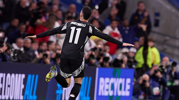 Gabriel Martinelli of Arsenal FC celebrates a goal during...
