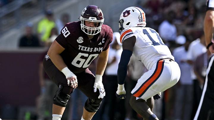 Sep 27, 2025; College Station, Texas, USA; Texas A&M Aggies offensive lineman Trey Zuhn III (60) lines up during the first half against the Auburn Tigers at Kyle Field. Sep 27, 2025; College Station, Texas, USA; Texas A&M Aggies offensive lineman Trey Zuhn III (60) lines up during the first half against the Auburn Tigers at Kyle Field.