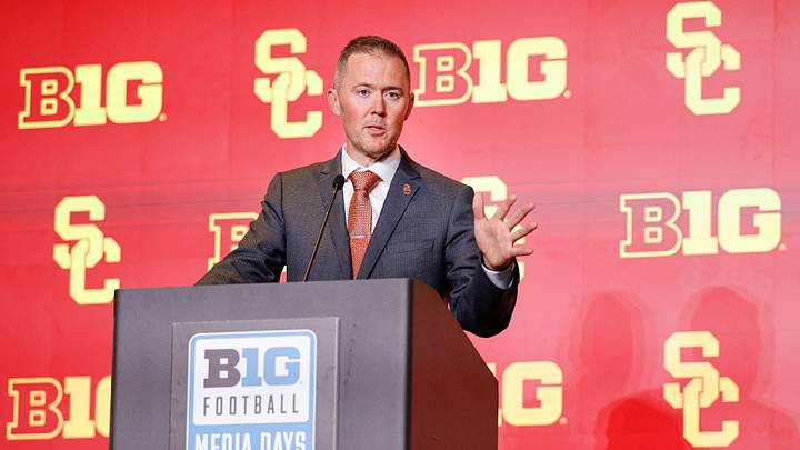 Jul 28, 2026; Chicago, IL, USA; USC Football head coach Lincoln Riley speaks during Media Days at Hilton Chicago. Mandatory Credit: Kamil Krzaczynski-Imagn Images