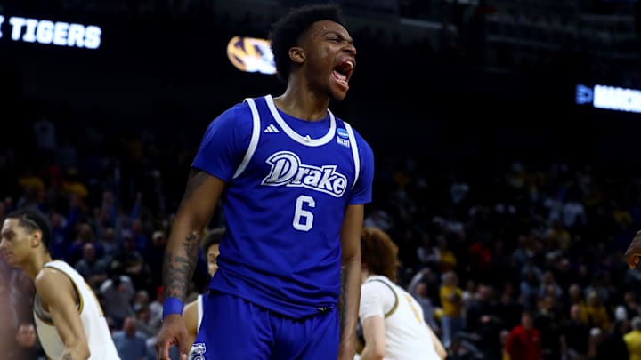Mar 20, 2025; Wichita, KS, USA; Drake Bulldogs guard Tavion Banks (6) celebrates after a basket in the second half of a first round men’s NCAA Tournament game against the Missouri Tigers at Intrust Bank Arena. Mandatory Credit: Nick Tre. Smith-Imagn Images
