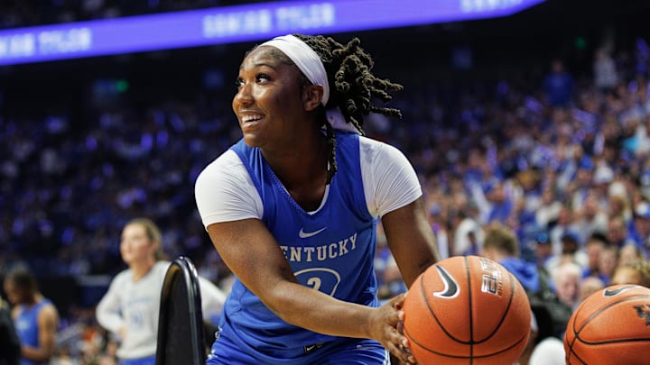 Oct 13, 2023; Lexington, KY, USA; Kentucky Wildcats guard Saniah Tyler (2) competes in the three point contest during Big Blue Madness at Rupp Arena at Central Bank Center. Mandatory Credit: Jordan Prather-Imagn Images