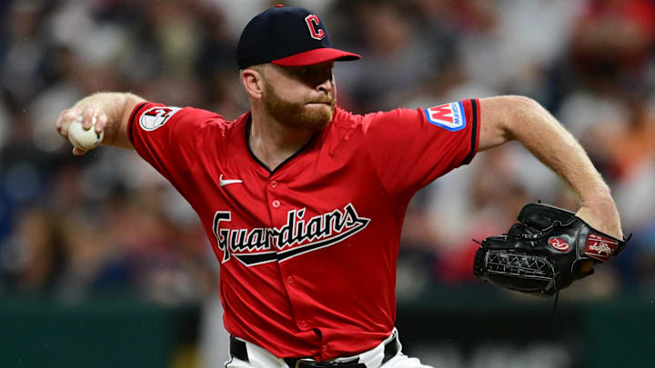 Sep 28, 2024; Cleveland, Ohio, USA; Cleveland Guardians relief pitcher Andrew Walters (63) throws a pitch during the fifth inning against the Houston Astros at Progressive Field. Mandatory Credit: Ken Blaze-Imagn Images
