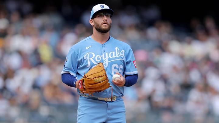Apr 18, 2026; Bronx, New York, USA; Kansas City Royals starting pitcher Noah Cameron (65) reacts during the fourth inning against the New York Yankees at Yankee Stadium. Mandatory Credit: Brad Penner-Imagn Images