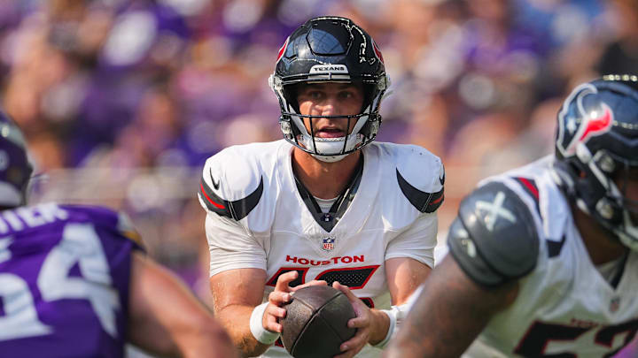 Aug 9, 2025; Minneapolis, Minnesota, USA; Houston Texans quarterback Kedon Slovis (16) against the Minnesota Vikings in the third quarter at U.S. Bank Stadium. Mandatory Credit: Brad Rempel-Imagn Images