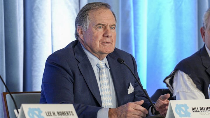 Dec 12, 2024; Chapel Hill, NC, USA;  North Carolina Tar Heels new head coach Bill Belichick speaks to those attending at Loudermilk Center for Excellence. 