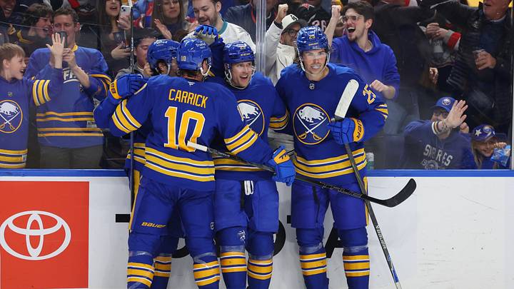 Mar 10, 2026; Buffalo, New York, USA;  Buffalo Sabres left wing Beck Malenstyn (29) celebrates his goal with teammates during the second period against the San Jose Sharks at KeyBank Center. Mandatory Credit: Timothy T. Ludwig-Imagn Images