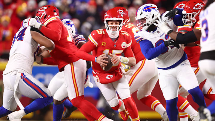 Jan 26, 2025; Kansas City, MO, USA; Kansas City Chiefs quarterback Patrick Mahomes (15) rushes the ball against the Buffalo Bills during the first half in the AFC Championship game at GEHA Field at Arrowhead Stadium.