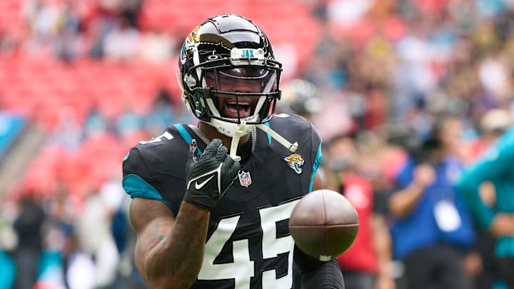 Oct 1, 2023; London, United Kingdom;  Jacksonville Jaguars linebacker K'Lavon Chaisson (45) throws